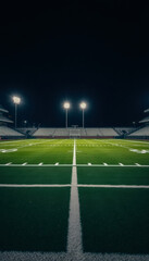 Fototapeta premium A beautifully lit American football field at night, highlighting the goalposts and the 50-yard line under stadium lights.