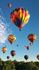 Obraz premium Colorful hot air balloons fill the sky above a lush landscape during a vibrant festival