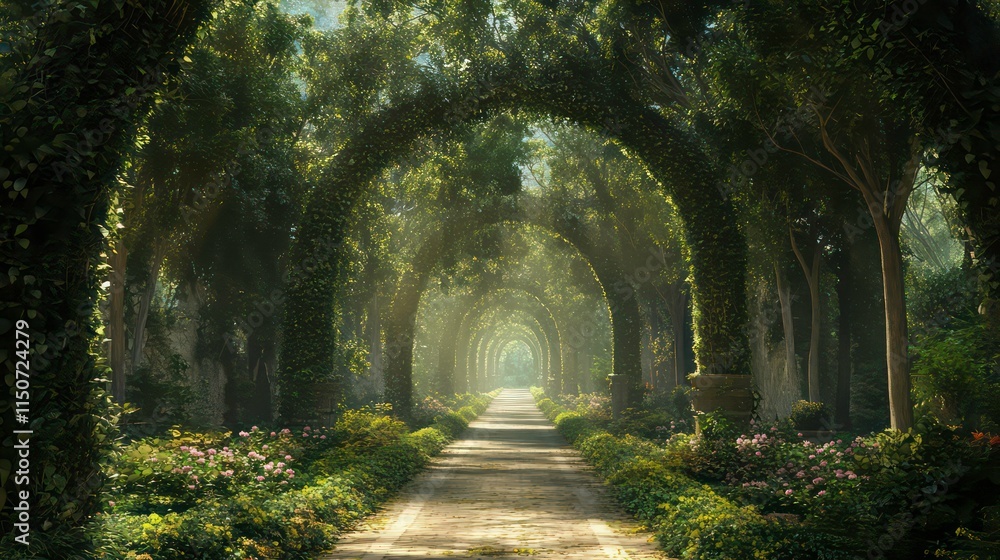 Poster sunlit path through a lush, arched tree tunnel in a vibrant garden.