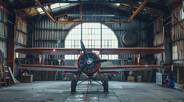 Airplane parked inside hangar with sunlight shining through, aviation industry concept
Seamless looping 4k time-lapse virtual video animation Generated AI