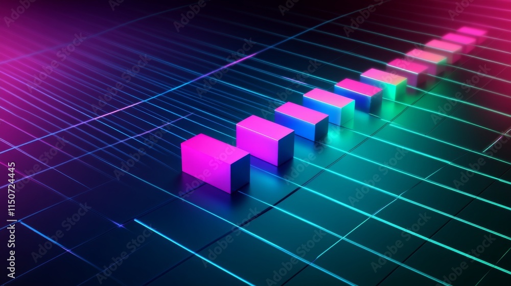 Poster colorful digital waveform with neon blocks on dark background