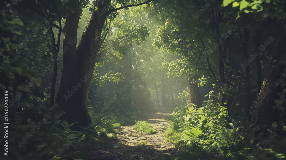 Poster sunbeams illuminate a path through a lush, green forest.