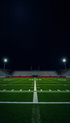 A glowing football field under stadium lights, emphasizing the center of the field and goalposts.
