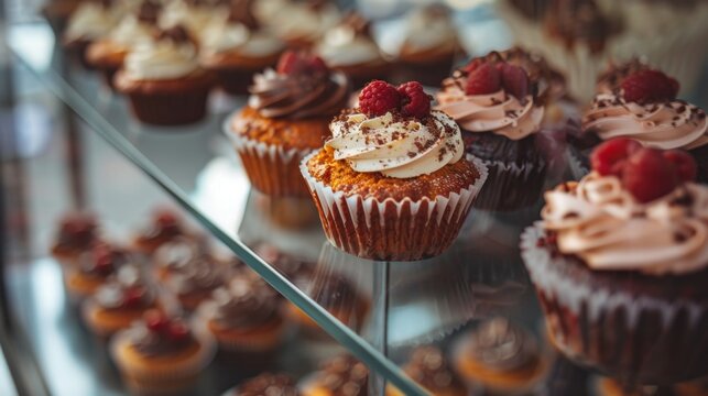 Delicious cupcakes on display in a bakery