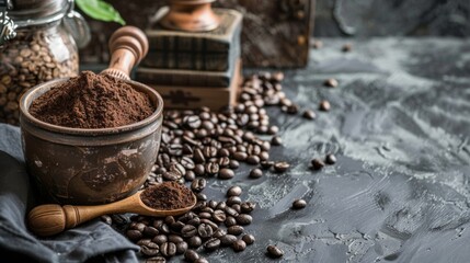 Ground coffee and beans on a dark rustic surface