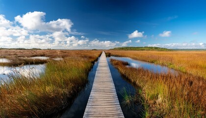 Obraz premium 空の青さと水の静けさが交わる湿地の木道が描く風景。 