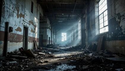 Sunlit Corridor of an Abandoned Industrial Building
