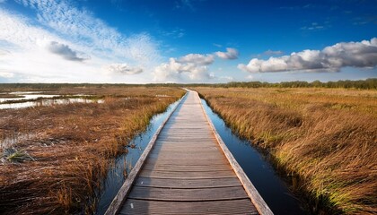 Fototapeta premium 静寂の湿地帯で、遠くまで続く木道が旅へといざなう。 