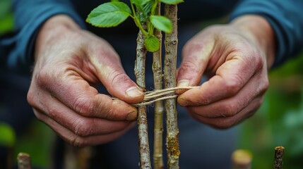 Hands binding a plant with yellow twine in a lush green environment during daylight