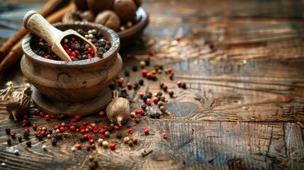 Spices and red peppercorns in a rustic bowl