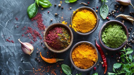 Variety of spices and herbs in rustic bowls