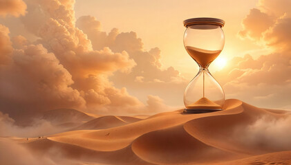 Surreal Hourglass in Desert Landscape at Sunset