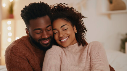 Obraz premium Man embracing his pregnant wife sitting on the bed.