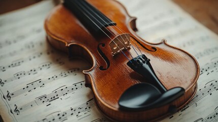 Fototapeta premium Violin resting on sheet music surrounded by glimmering lights during a serene evening
