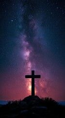 Cross silhouetted against a stunning night sky filled with stars and the Milky Way in a serene landscape