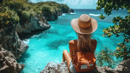 Woman traveler sits on a cliff overlooking a tropical ocean.
