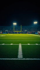 Fototapeta premium A dramatic view of the goal line on a football field at night, illuminated by stadium lights, highlighting game anticipation.