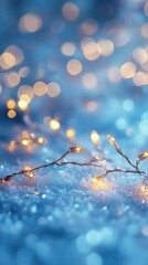 Frosted garland with warm lights on icy blue background
