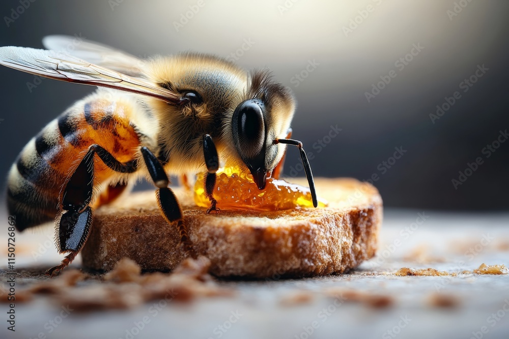 Poster honey bee collecting nectar from a slice of bread in a softly illuminated setting during the daytime