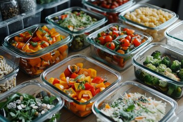 Obraz premium A variety of vegetables are displayed in glass containers, including broccoli