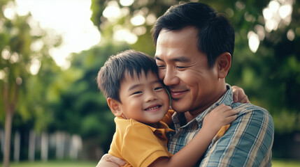 Naklejka premium An Asian American father lovingly hugs his young son, sharing a tender moment of affection. Their embrace radiates warmth and connection, making it a perfect representation of the