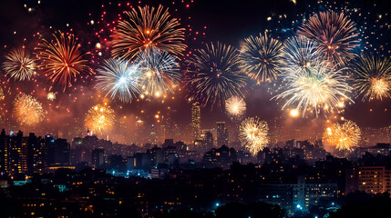 Fototapeta premium Spectacular fireworks display over city skyline at night
