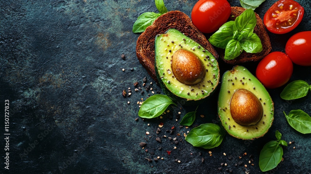 Poster avocado toast with cherry tomatoes and fresh basil on rustic table
