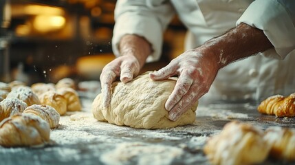 Fototapeta premium Baker prepares dough in kitchen with flour and bread rolls on the counter