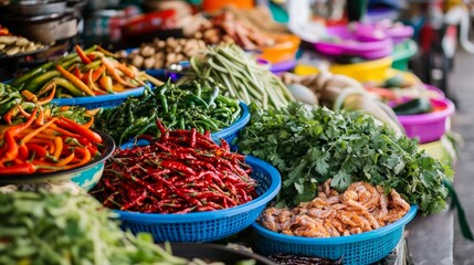 Colorful Display of Fresh Vegetables and Herbs at Market Stalls