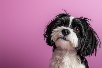 Close-up of a Tibetan Terrier with black and white fluffy hair on a pastel purple background. Dog grooming concept.
