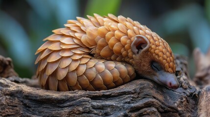 Obraz premium Pangolin curled up on a wooden surface in a lush green environment during daylight hours