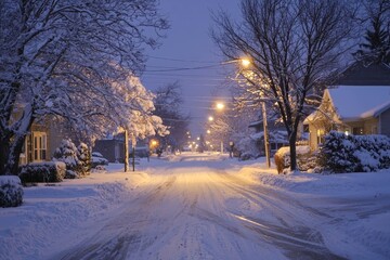 Moonlight illuminating peaceful snowy village scene.