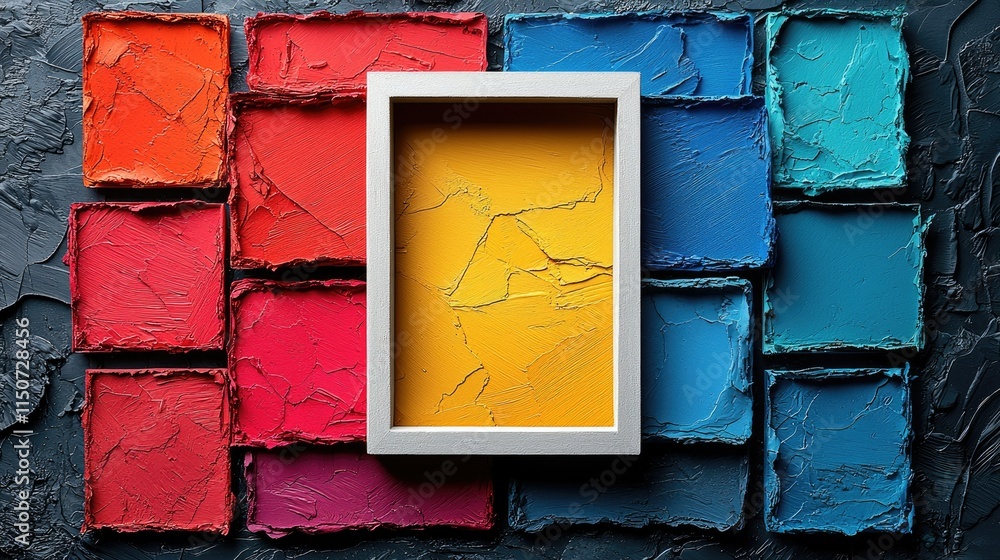 Poster A vibrant display of paint squares with an empty frame, showcasing color and creativity.