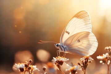 Obraz premium Butterfly resting on flowers during golden hour with sunlight creating a soft glow