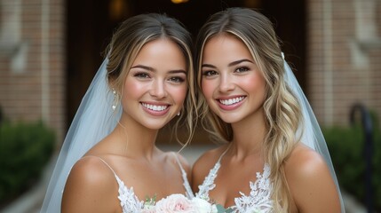 Two brides smiling joyfully in elegant dresses with light veils at a beautiful outdoor venue