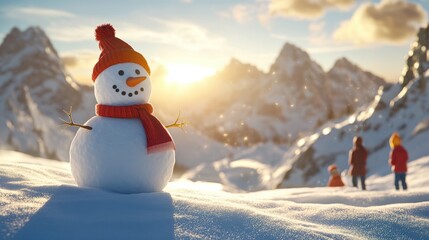 Obraz premium Children building a snowman on a mountain slope in winter sunlight