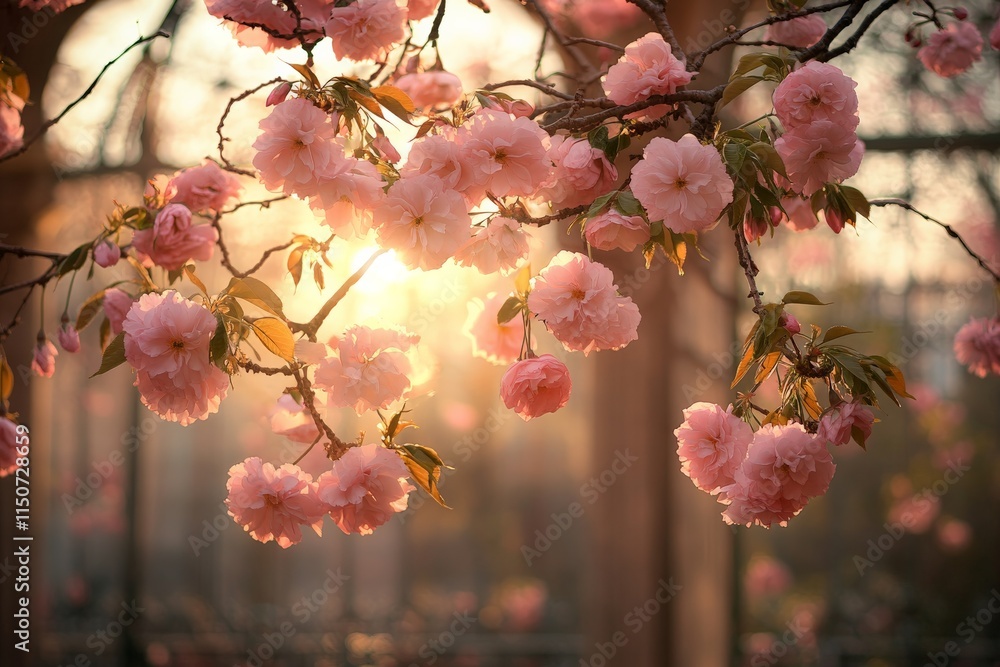 Poster blossoming cherry tree branches illuminated by sunlight create a serene atmosphere during a spring a