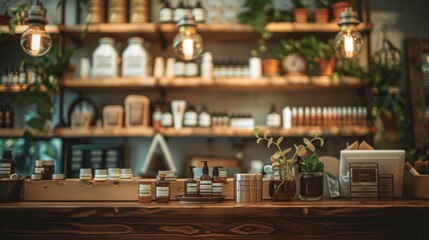 Natural skincare products on rustic wooden counter