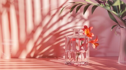 Pink glass vase with orange flower in sunlight