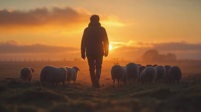 Shepherd guiding sheep at sunset in a tranquil countryside setting