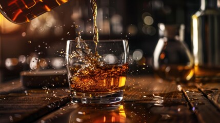 Pouring whiskey into a glass with ice on a wooden bar