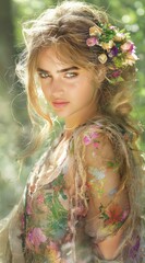 Beautiful blonde model posing in a forest wearing a floral dress and flower crown