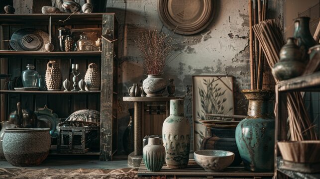 Rustic shelf with vintage ceramics and antique decor