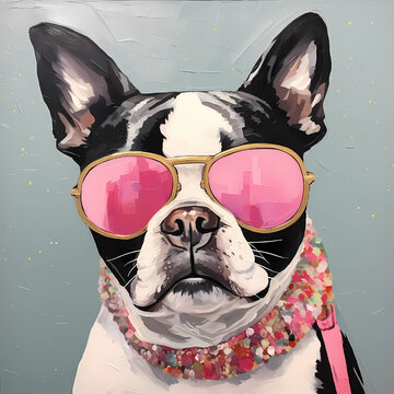 Stylish Boston Terrier wearing pink sunglasses and floral collar in artistic portrait. Perfect for pet products, veterinary marketing, greeting cards, and trendy social media content.