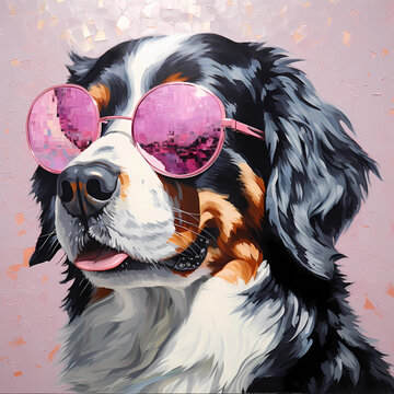 Bernese mountain dog wearing pink sunglasses in artistic portrait style. Perfect for pet products, veterinary marketing, greeting cards, and social media campaigns.
