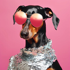 Natalia DescKey сказал:

Stylish Doberman in shiny silver sequins and pink sunglasses. Perfect for fashion campaigns, pet branding, and trendy social media posts.
