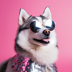 Natalia DescKey сказал:

Stylish Husky wearing reflective sunglasses and sequin outfit on pink background. Perfect for trendy ads, pet branding, and playful social media.