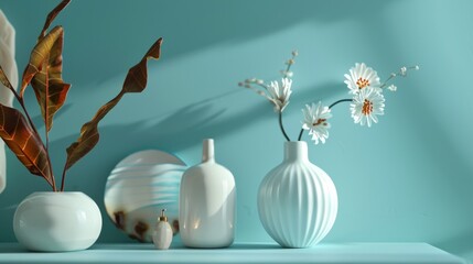 Minimalist ceramic vases with flowers on pastel background