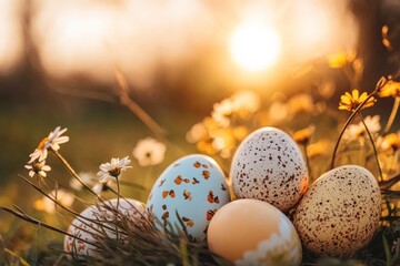 Fototapeta premium Vibrant easter eggs nestled in grass and flowers during a golden sunset