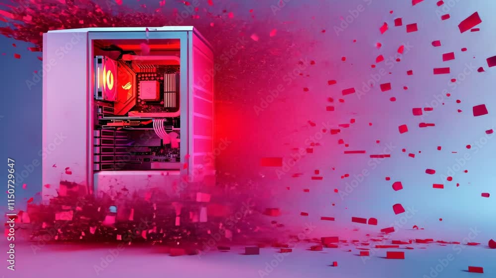 Poster computer hardware setup with colorful lighting inside a gaming case against a dynamic background